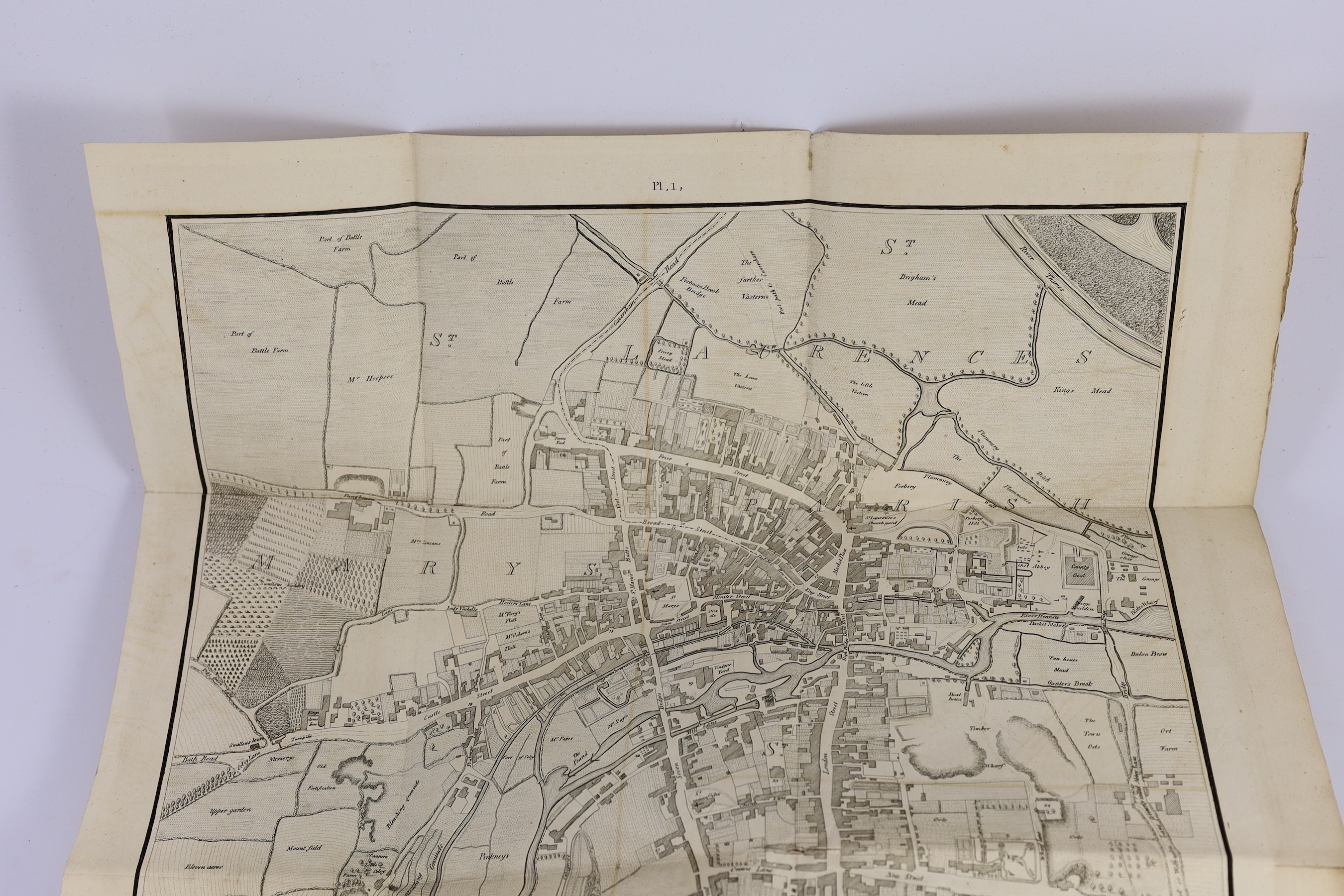 READING - Coates, Charles, Rev. - The History and Antiquities of Reading, 4to, half calf, with folding frontis map and 7 plates (1 of them folding), London, 1802